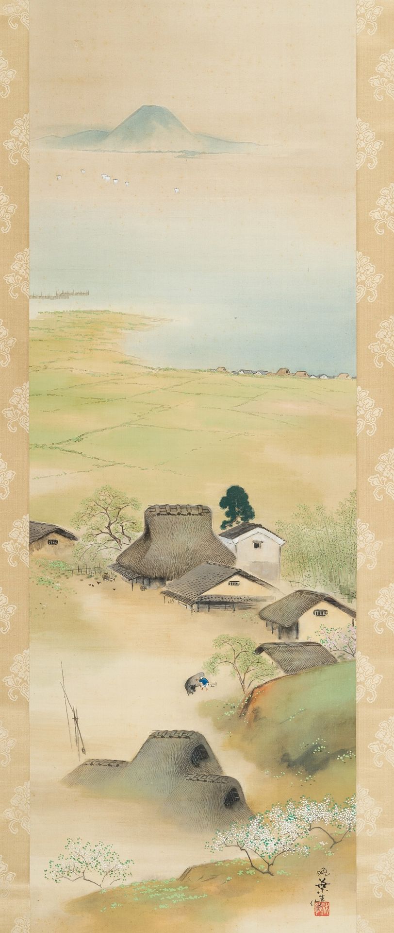 A SCROLL PAINTING DEPICTING A FARMER'S VILLAGE AND MOUNT FUJI