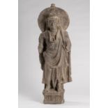 A GANDHARA-STYLE GRAY SCHIST FIGURE OF MAITREYA