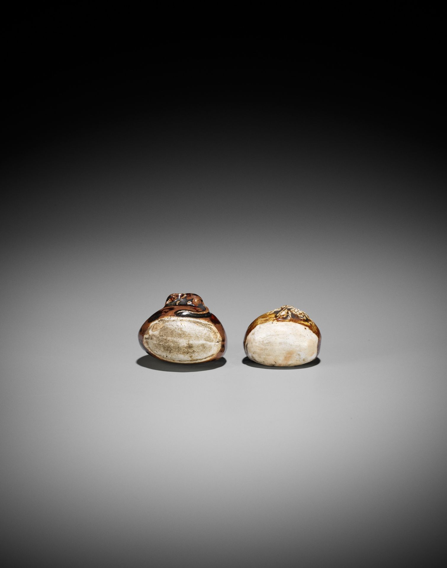 TWO GLAZED CERAMIC (YAKIMONO) NETSUKE OF CHESTNUTS WITH SMALL ANIMALS - Image 7 of 7