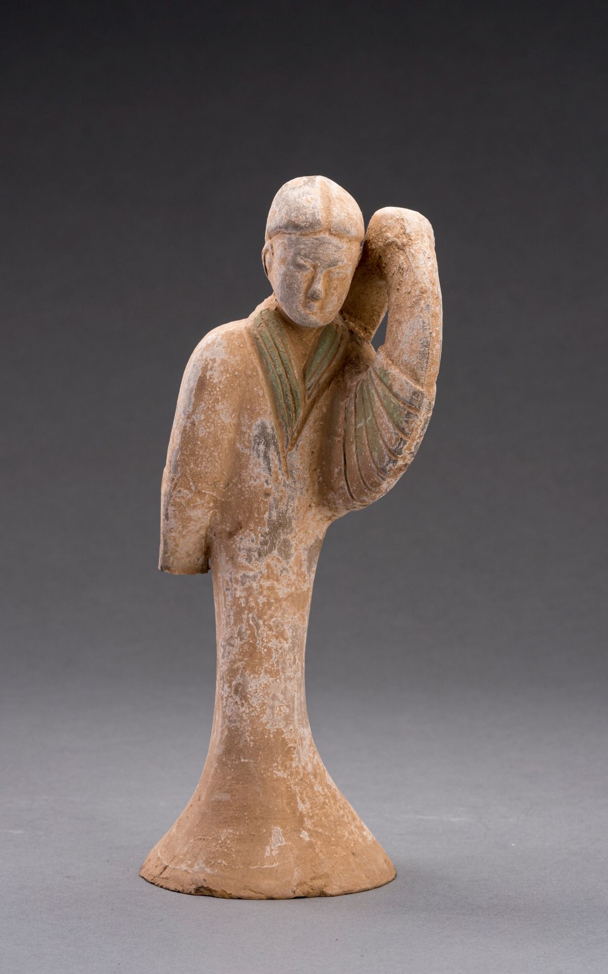 A POTTERY FIGURE OF A FEMALE 'LONG SLEEVE' DANCER, HAN DYNASTY