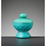 A RARE TURQUOISE PEKING GLASS STEM BOWL AND COVER, QIANLONG MARK AND PERIOD