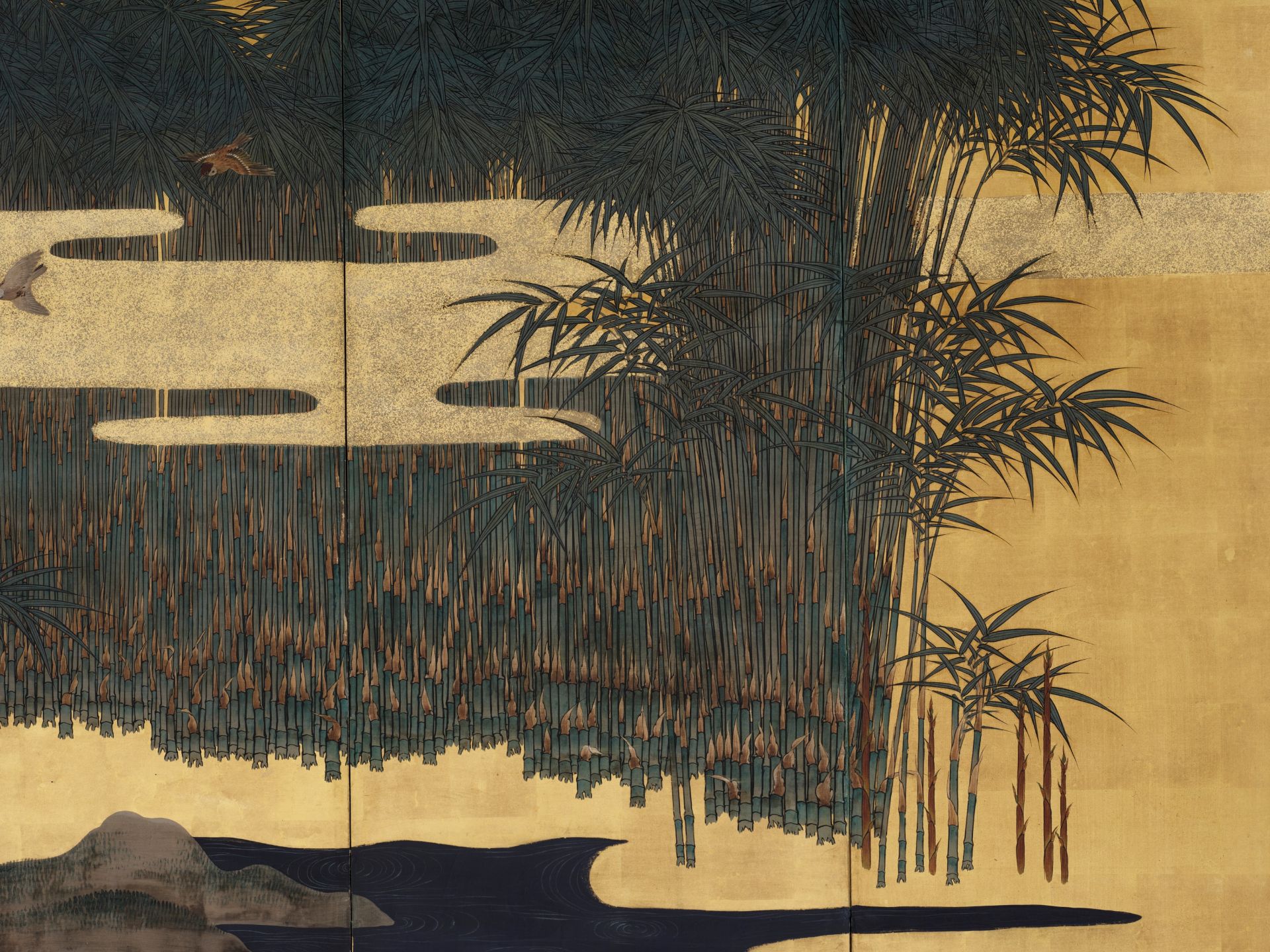 A PAIR OF FINE SIX-PANEL BYOBU SCREENS DEPICTING SPARROWS AND BAMBOO - Bild 11 aus 11