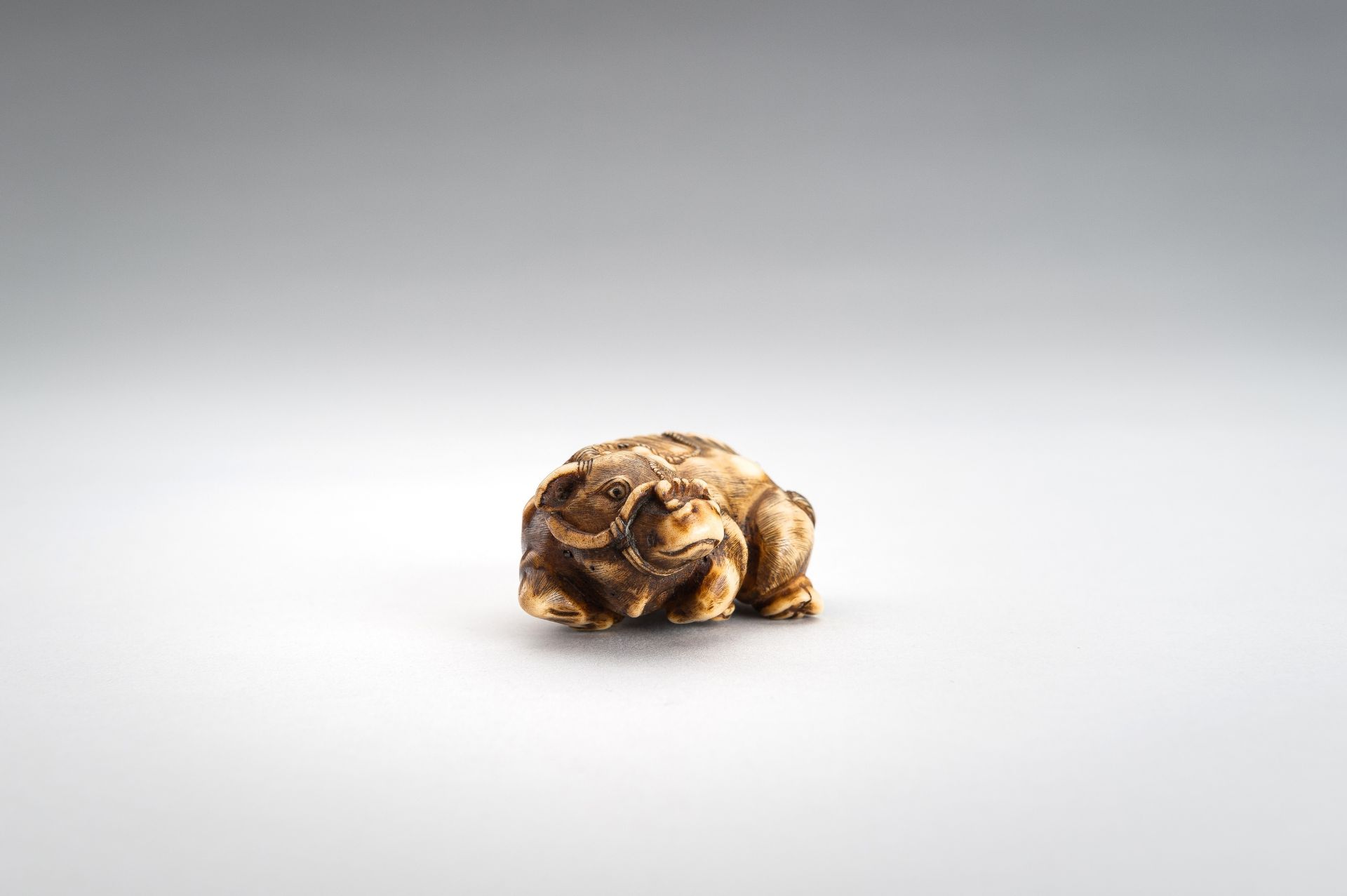 A STAG ANTLER NETSUKE OF RECUMBENT OX - Image 3 of 11