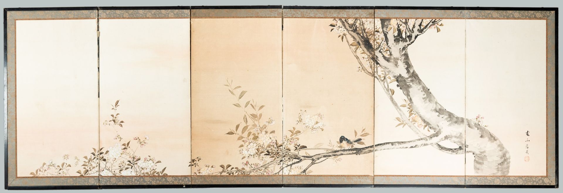 A SIX-PANEL FOLDING SCREEN WITH PRUNUS TREE