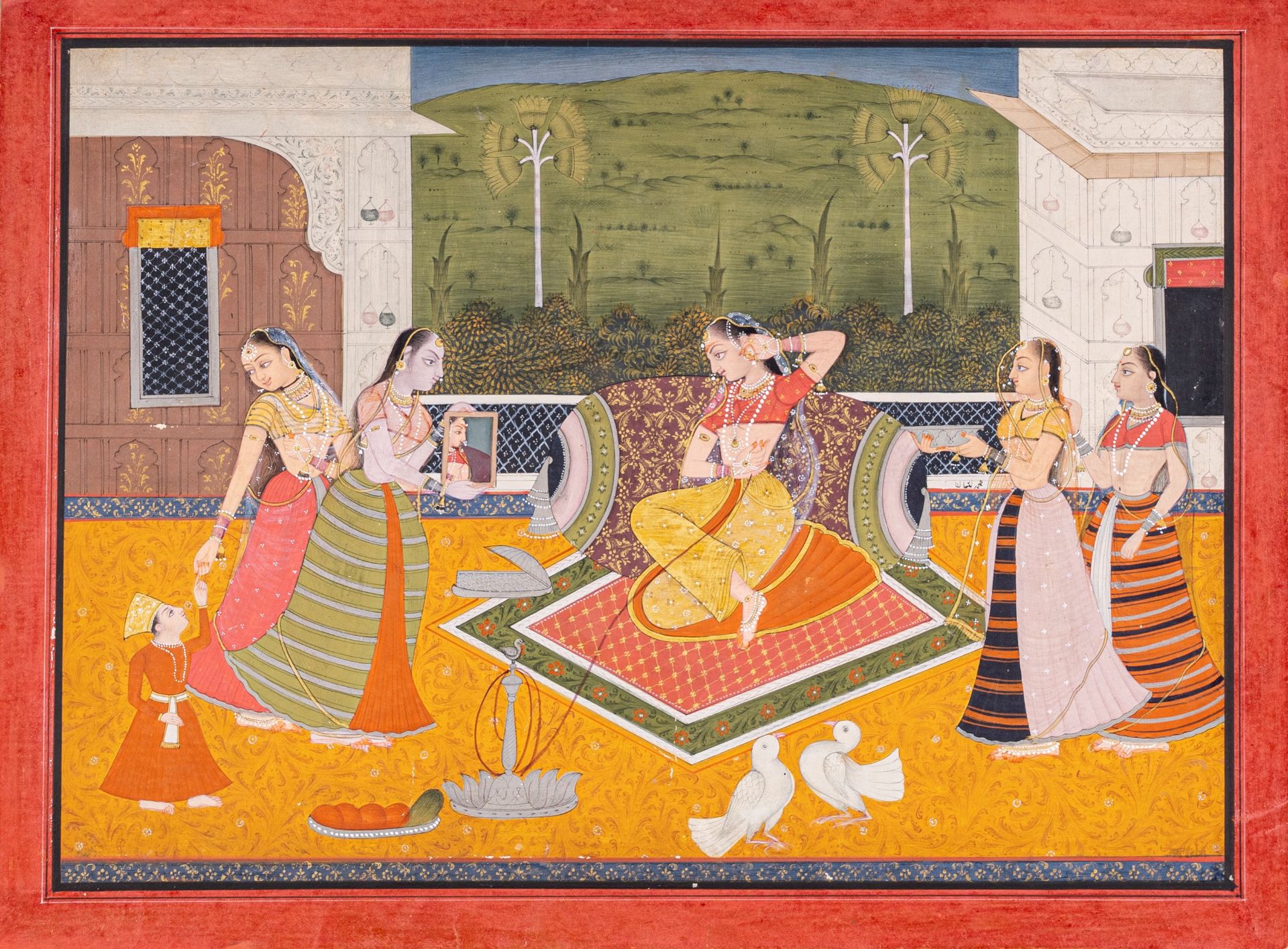 AN INDIAN MINIATURE PAINTING OF A PRINCESS AND ATTENDANTS