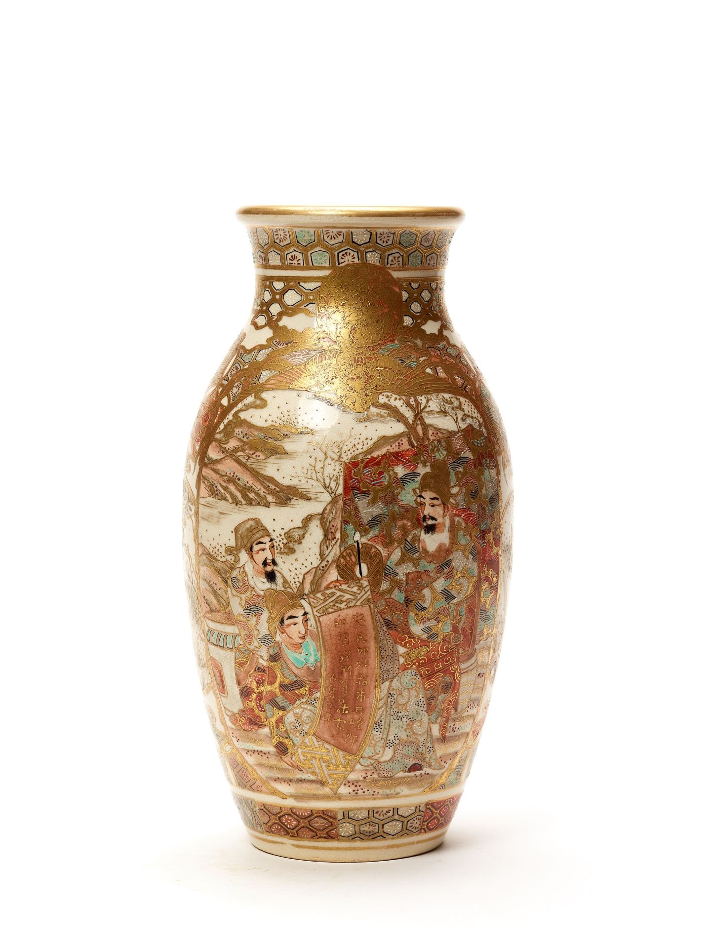 A SATSUMA CERAMIC VASE WITH SCHOLARS