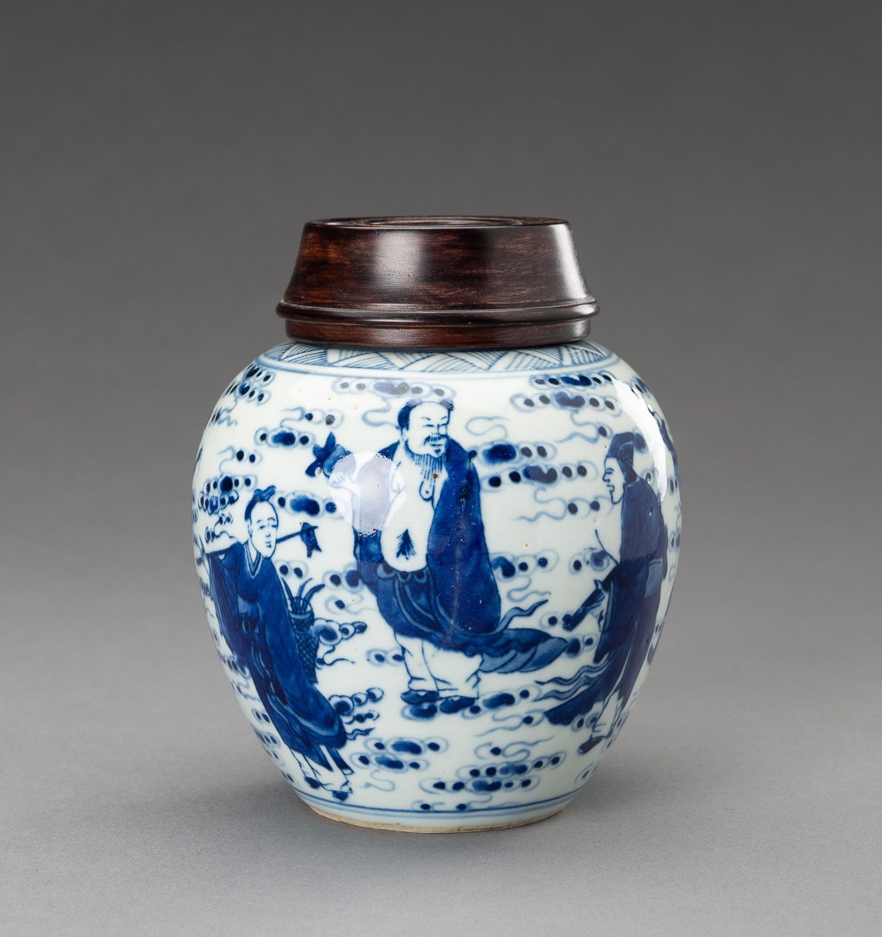 A BLUE AND WHITE 'EIGHT IMMORTALS' PORCELAIN GINGER JAR, 1930s