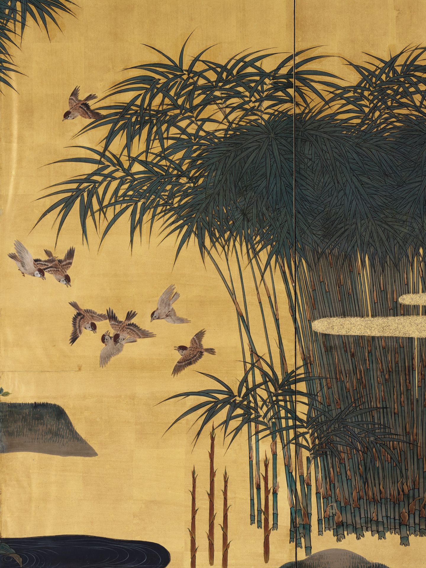 A PAIR OF FINE SIX-PANEL BYOBU SCREENS DEPICTING SPARROWS AND BAMBOO - Bild 9 aus 11