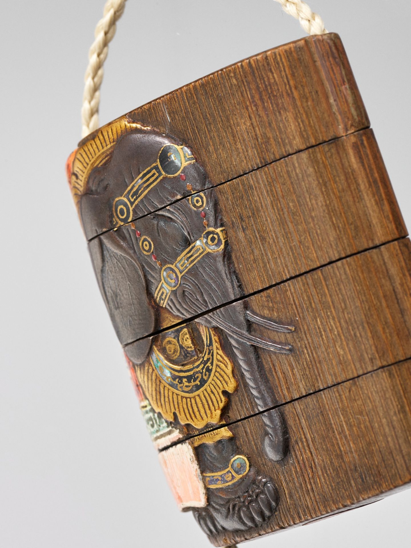 RITSUO: A SUPERB LACQUER AND POTTERY FOUR-CASE WOOD INRO WITH LUCKY ELEPHANT - Image 3 of 7