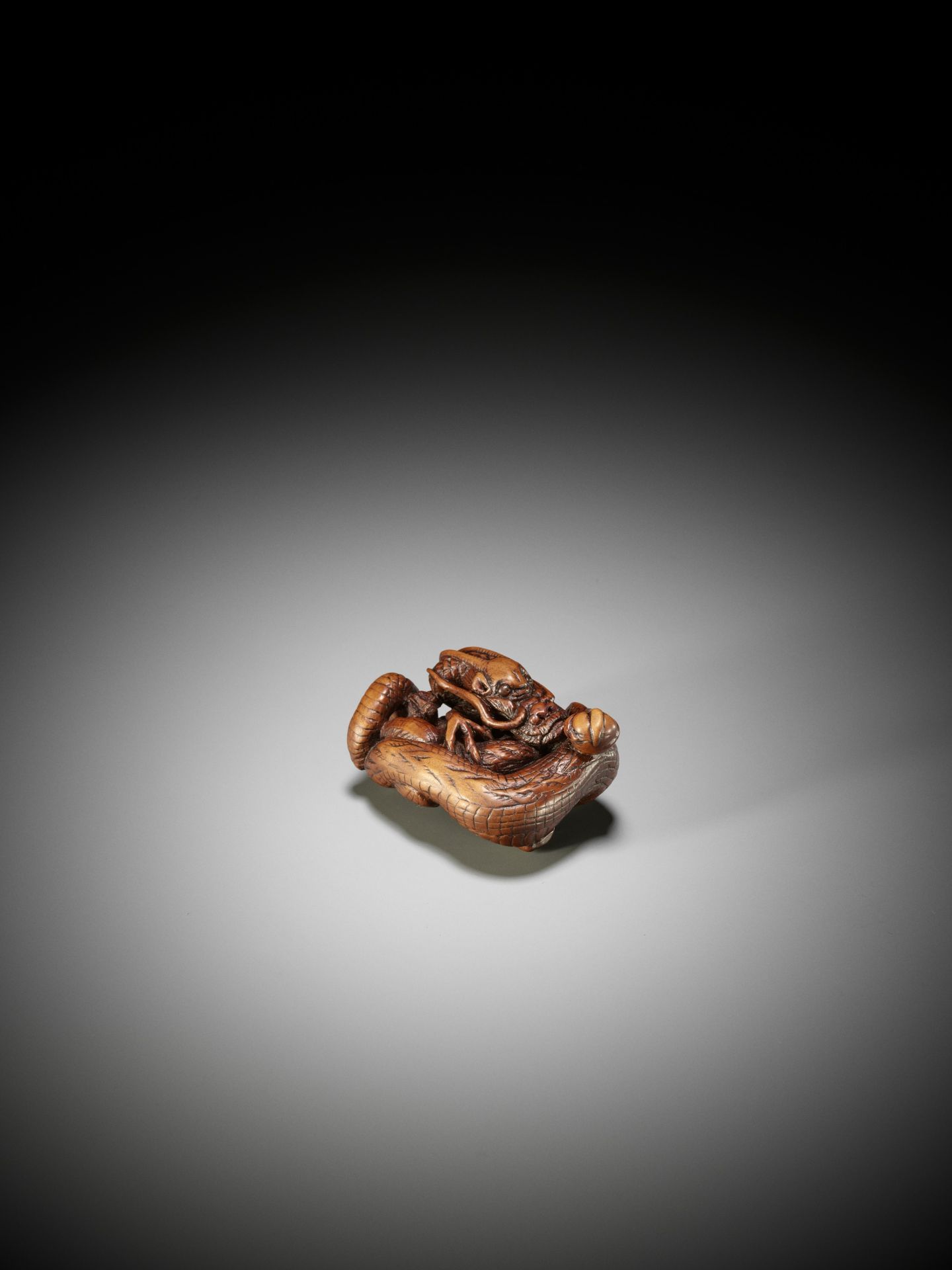 A SUPERB WOOD NETSUKE OF A COILED DRAGON - Image 6 of 14