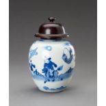 A BLUE AND WHITE 'WARRIOR RIDING A QILIN' PORCELAIN GINGER JAR, 1930s