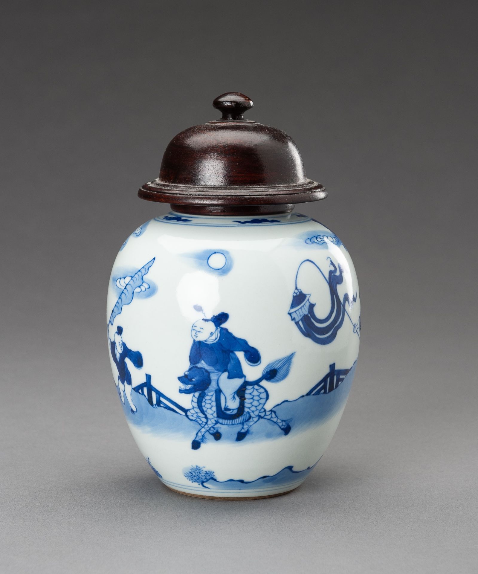 A BLUE AND WHITE 'WARRIOR RIDING A QILIN' PORCELAIN GINGER JAR, 1930s