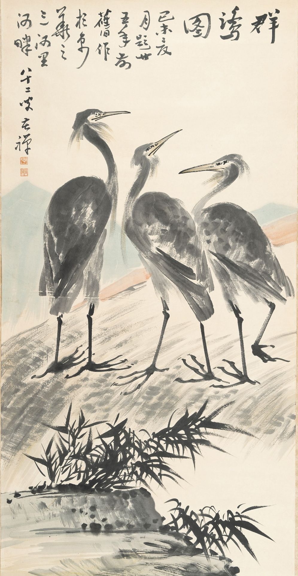 A SCROLL PAINTING OF THREE EGRETS, MANNER OF LI KUCHAN (1899-1983)