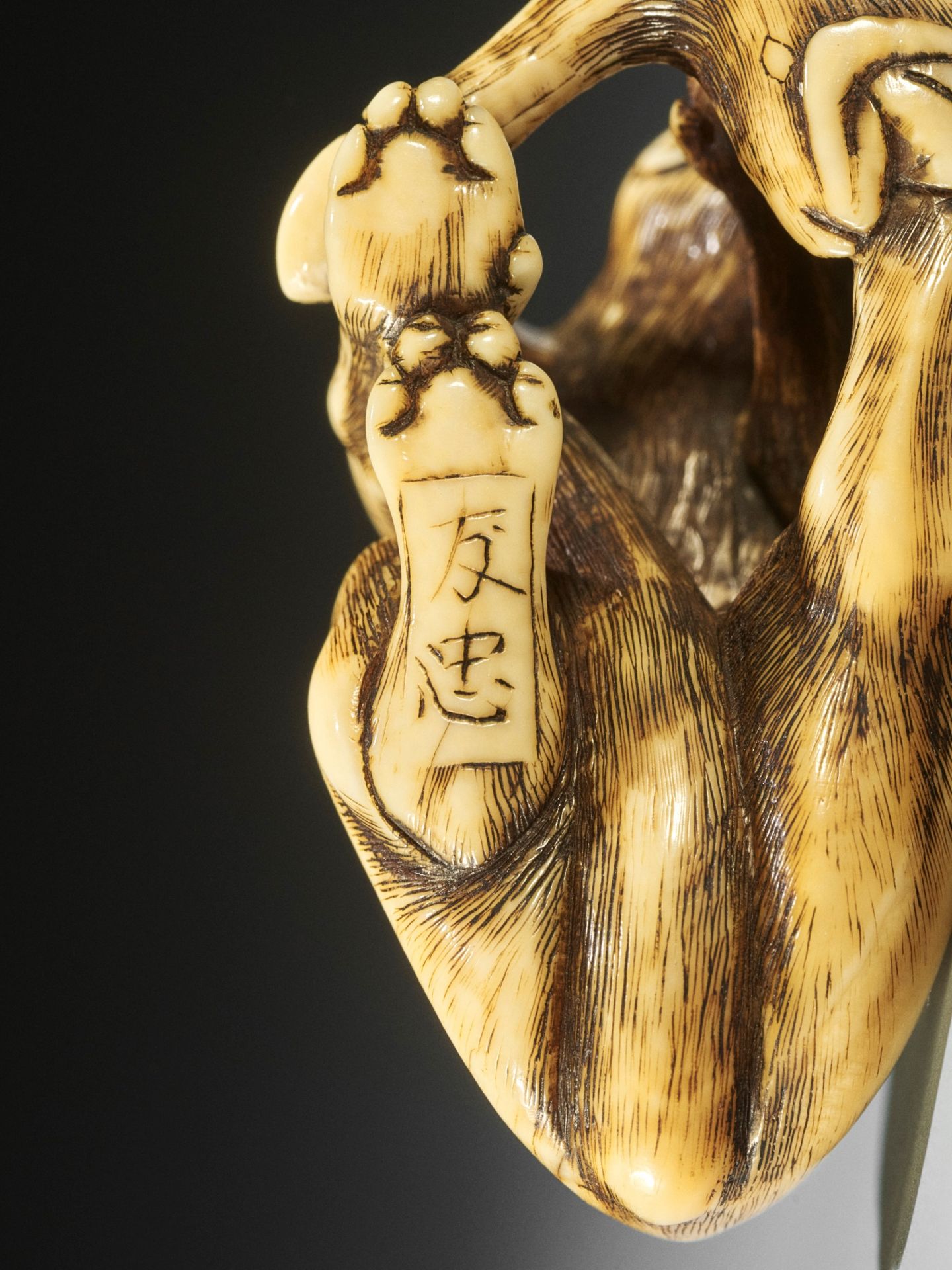 TOMOTADA: A FINE IVORY NETSUKE OF A WOLF WITH HAUNCH OF VENISON - Image 17 of 18