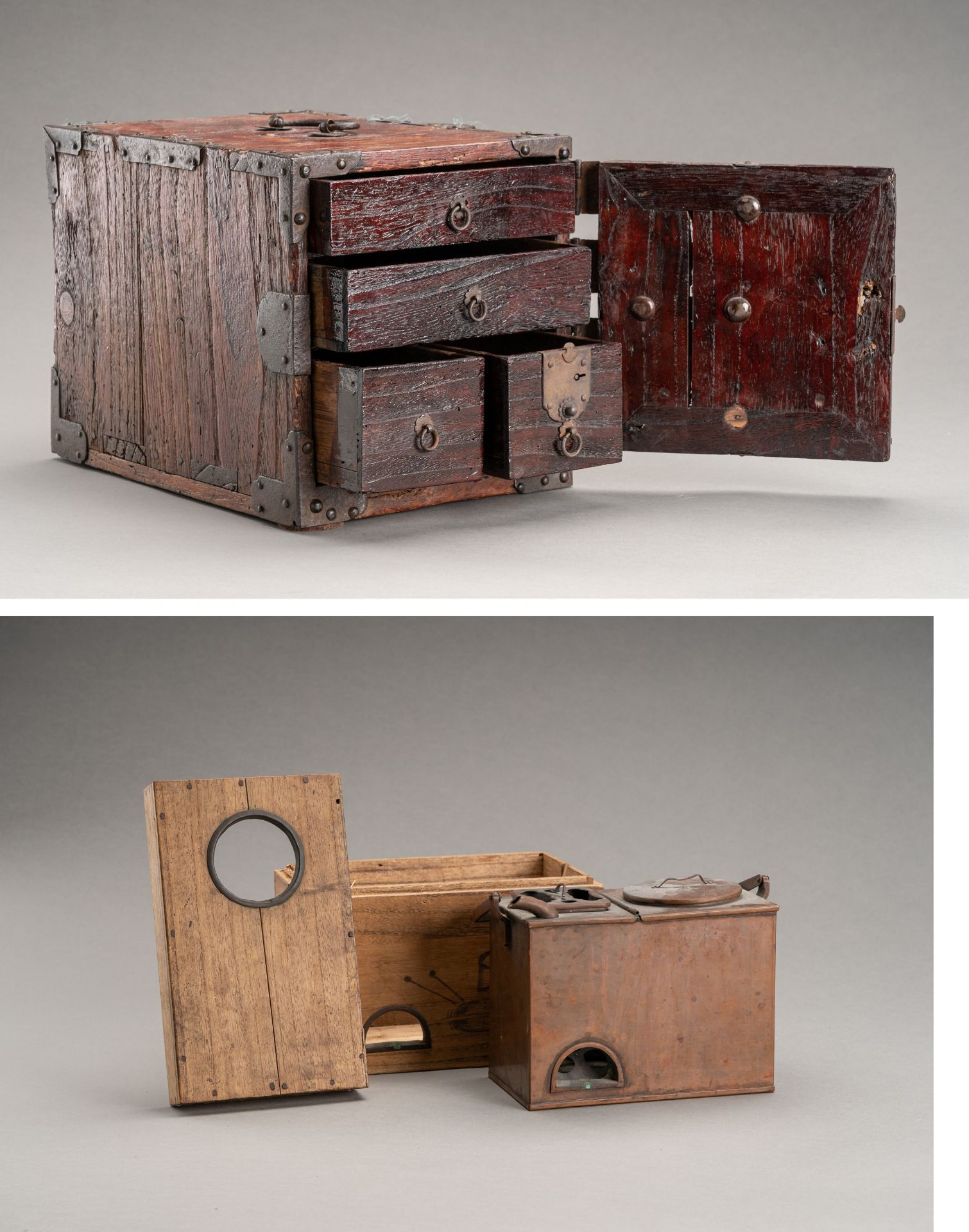 A WOODEN CHEST WITH DRAWERS AND A COPPER SAKE WARMER 'KANDOUKO', 19th CENTURY