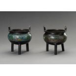 A PAIR OF CHAMPLEVE ENAMEL BRONZE TRIPOD CENSERS, QING DYNASTY