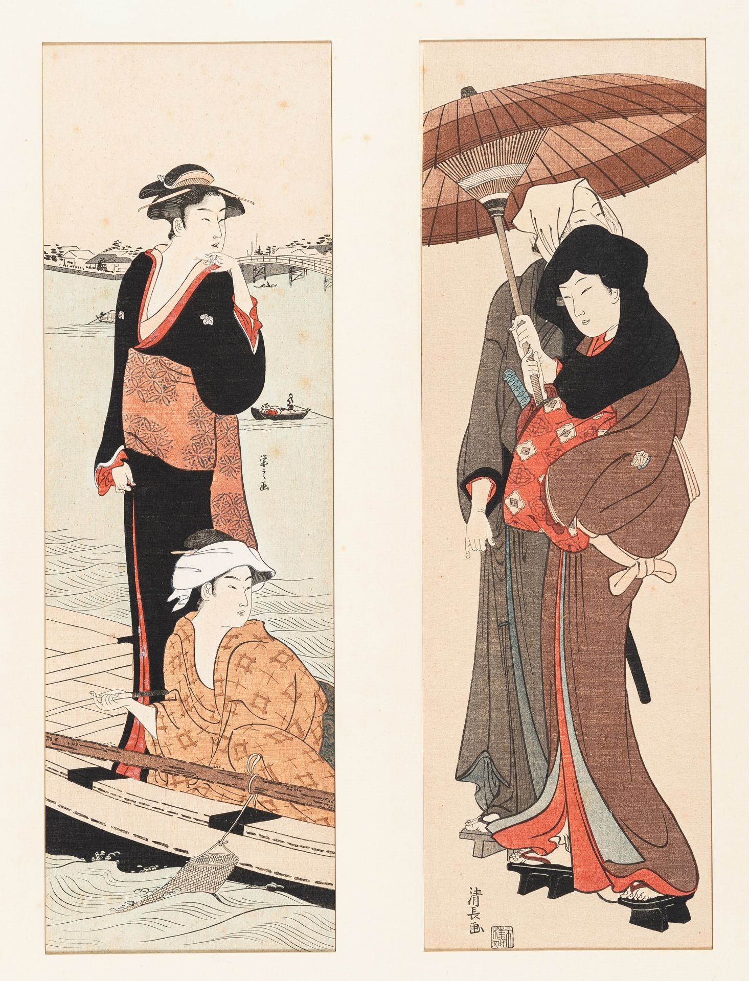 AFTER TORII KIYONAGA: TWO COLOR WOODBLOCK PRINT OF BEAUTIES