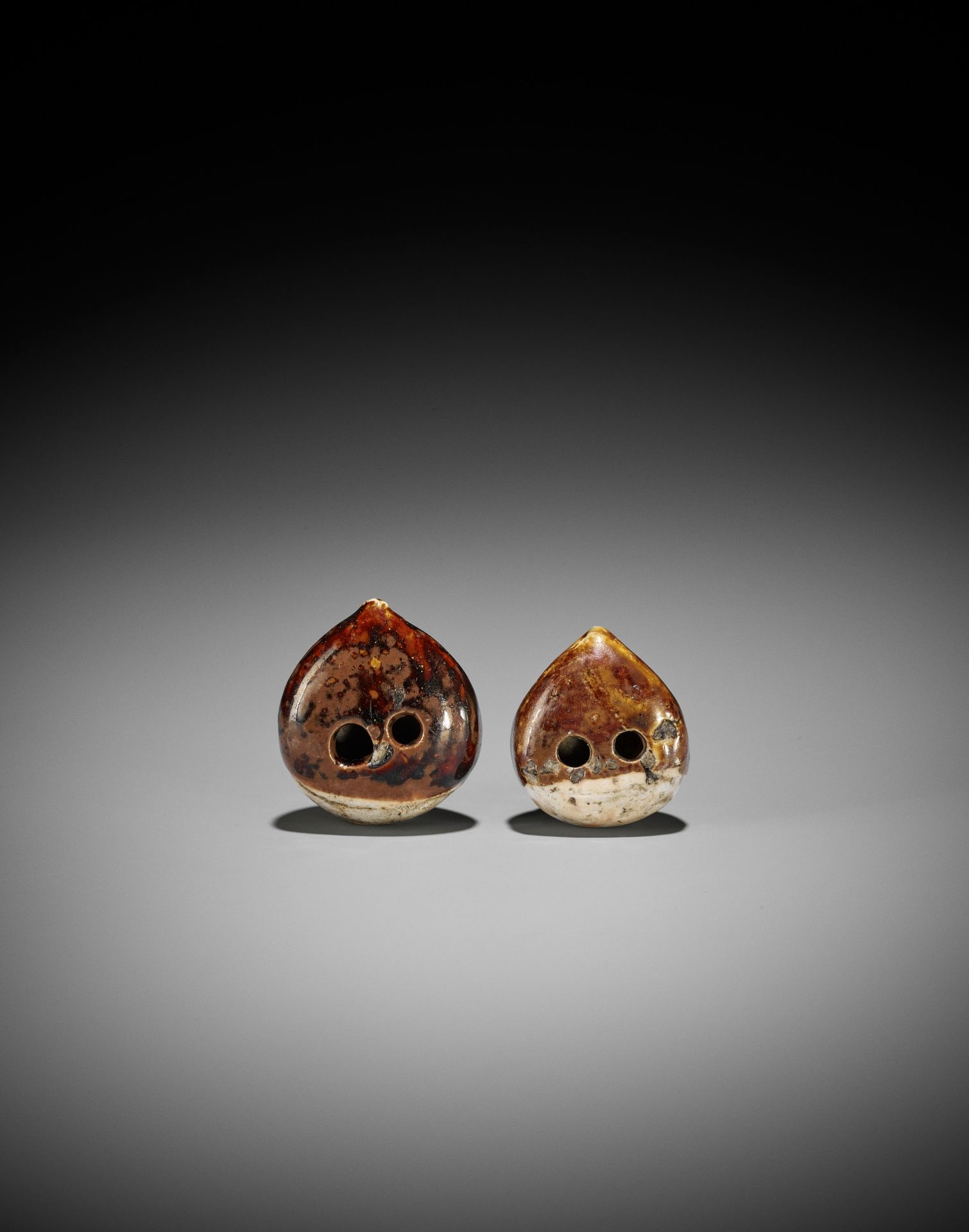 TWO GLAZED CERAMIC (YAKIMONO) NETSUKE OF CHESTNUTS WITH SMALL ANIMALS - Image 4 of 7