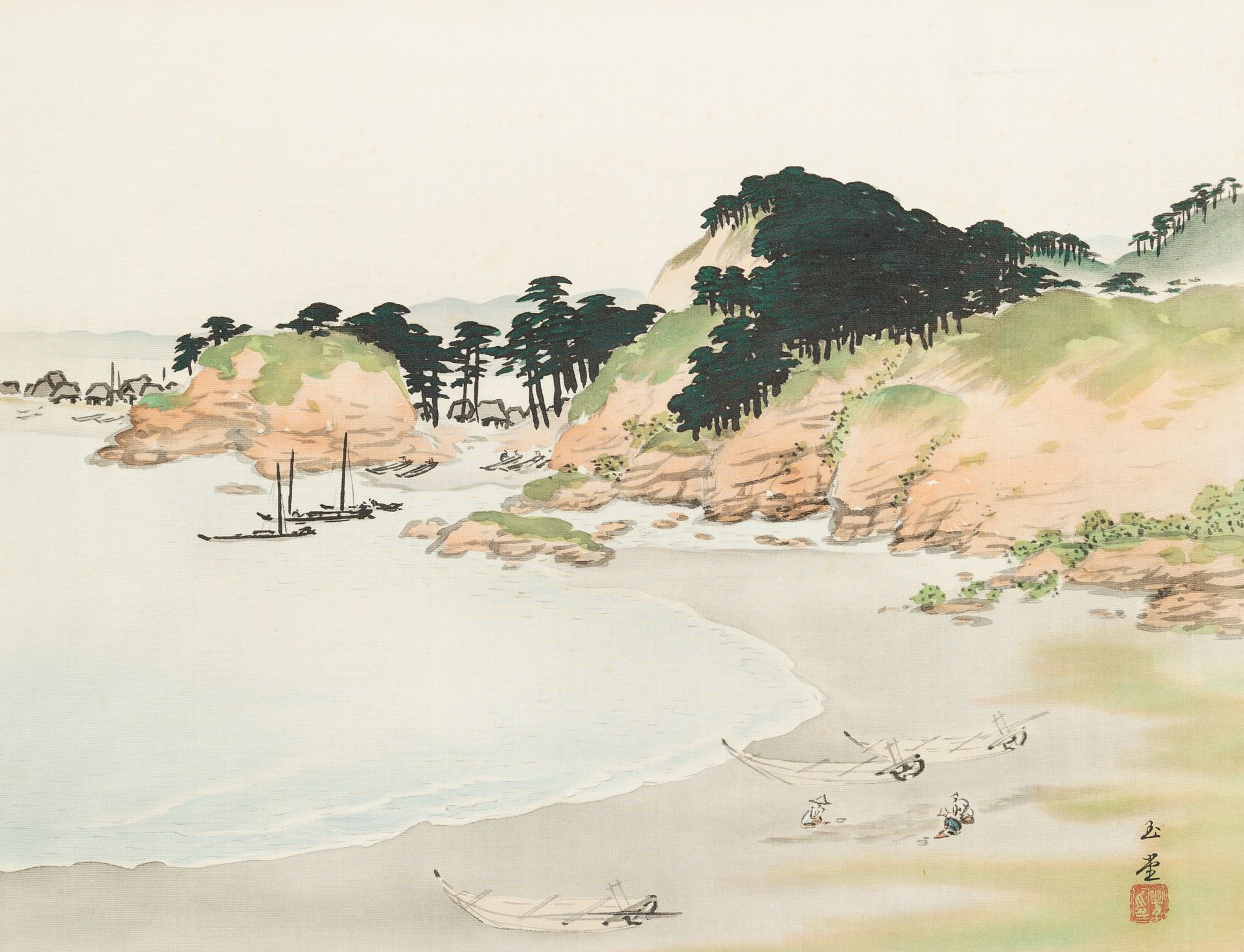 GYOKUDO KAWAI (1873-1957): A SCROLL PAINTING OF A SEASIDE LANDSCAPE