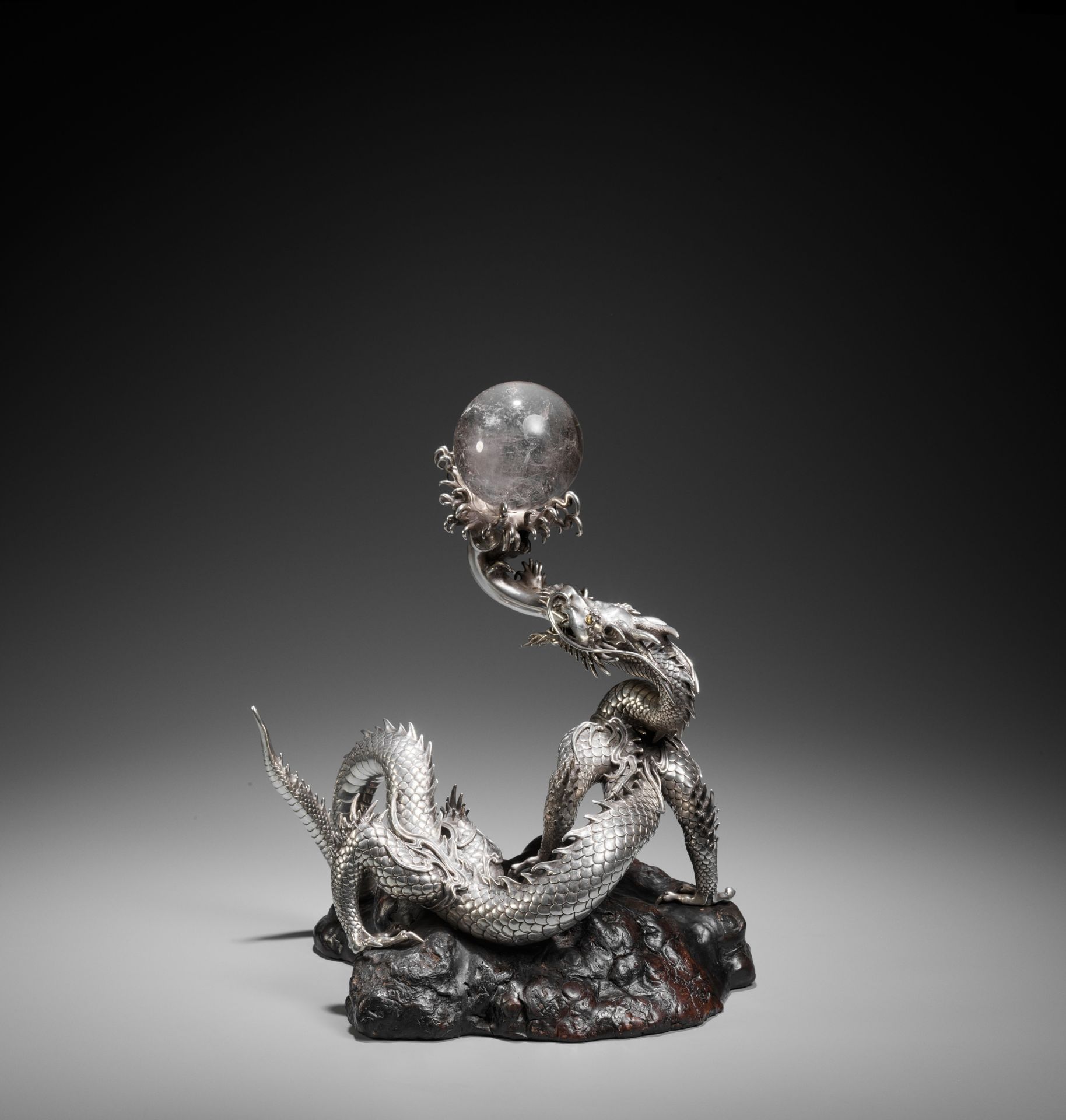 SANMI: A MASTERFUL SILVER OKIMONO OF A DRAGON WITH ROCK CRYSTAL SPHERE - Image 3 of 20