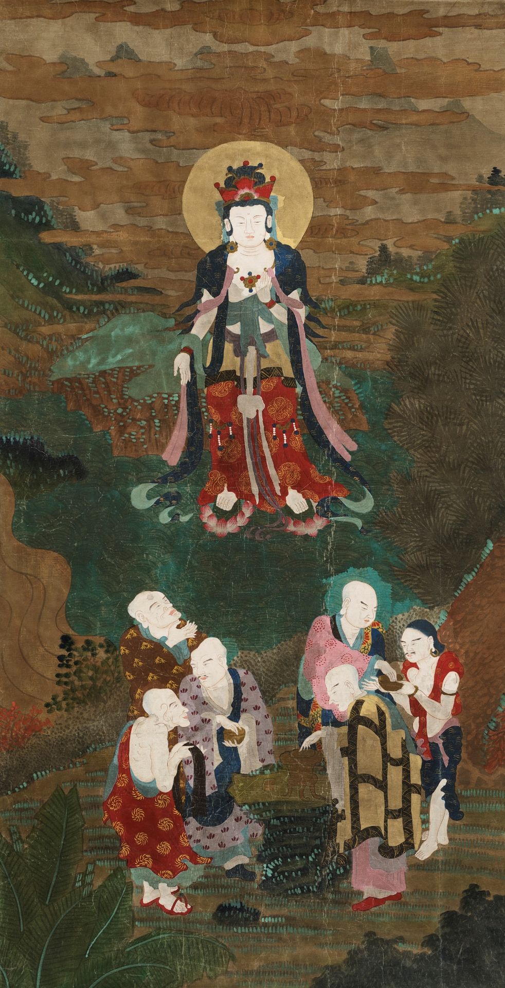 AN EXTREMELY LARGE 'GUANYIN AND LUOHAN' BUDDHIST TEMPLE PAINTING, MING DYNASTY OR EARLIER