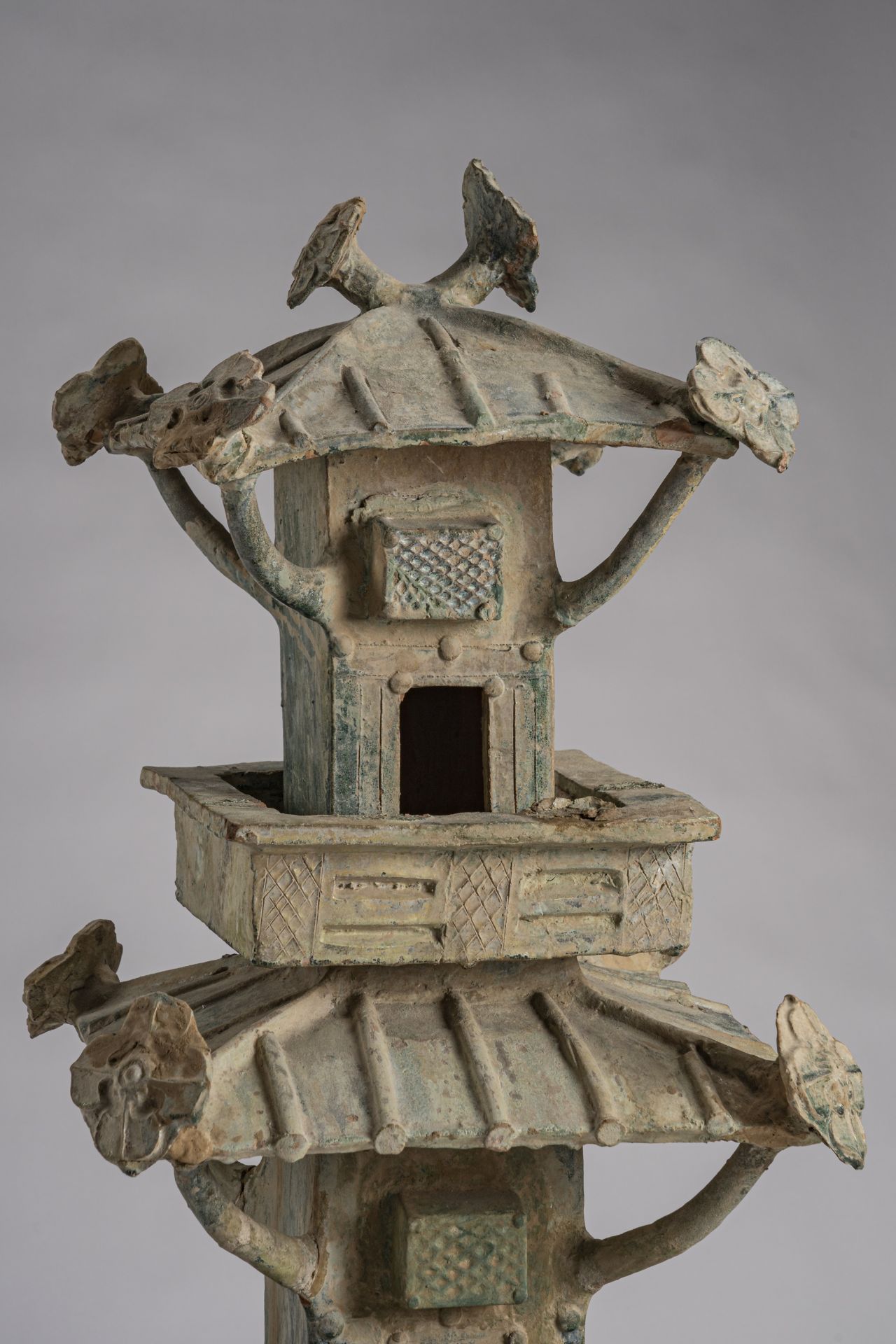 A GREEN GLAZED CERAMIC MODEL OF A WATCHTOWER, HAN