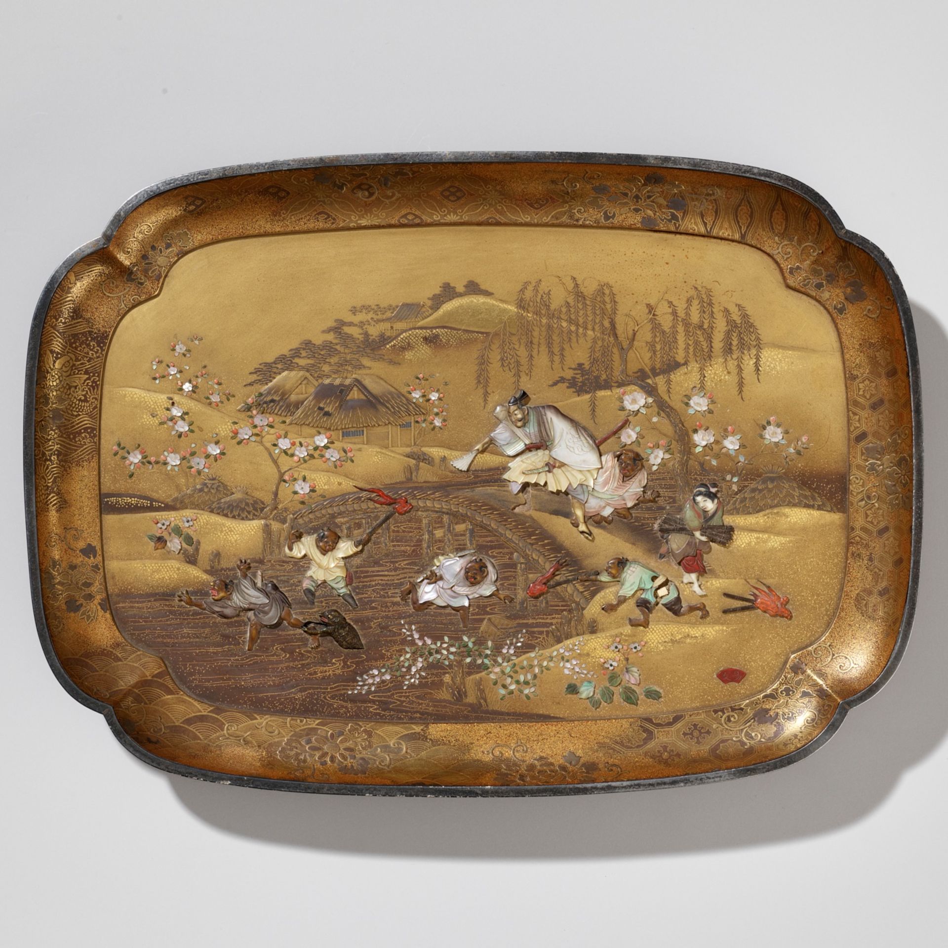 EKIFUMI: A RARE AND FINE SHIBAYAMA INLAID LACQUER TRAY DEPICTING A KAPPA HUNT