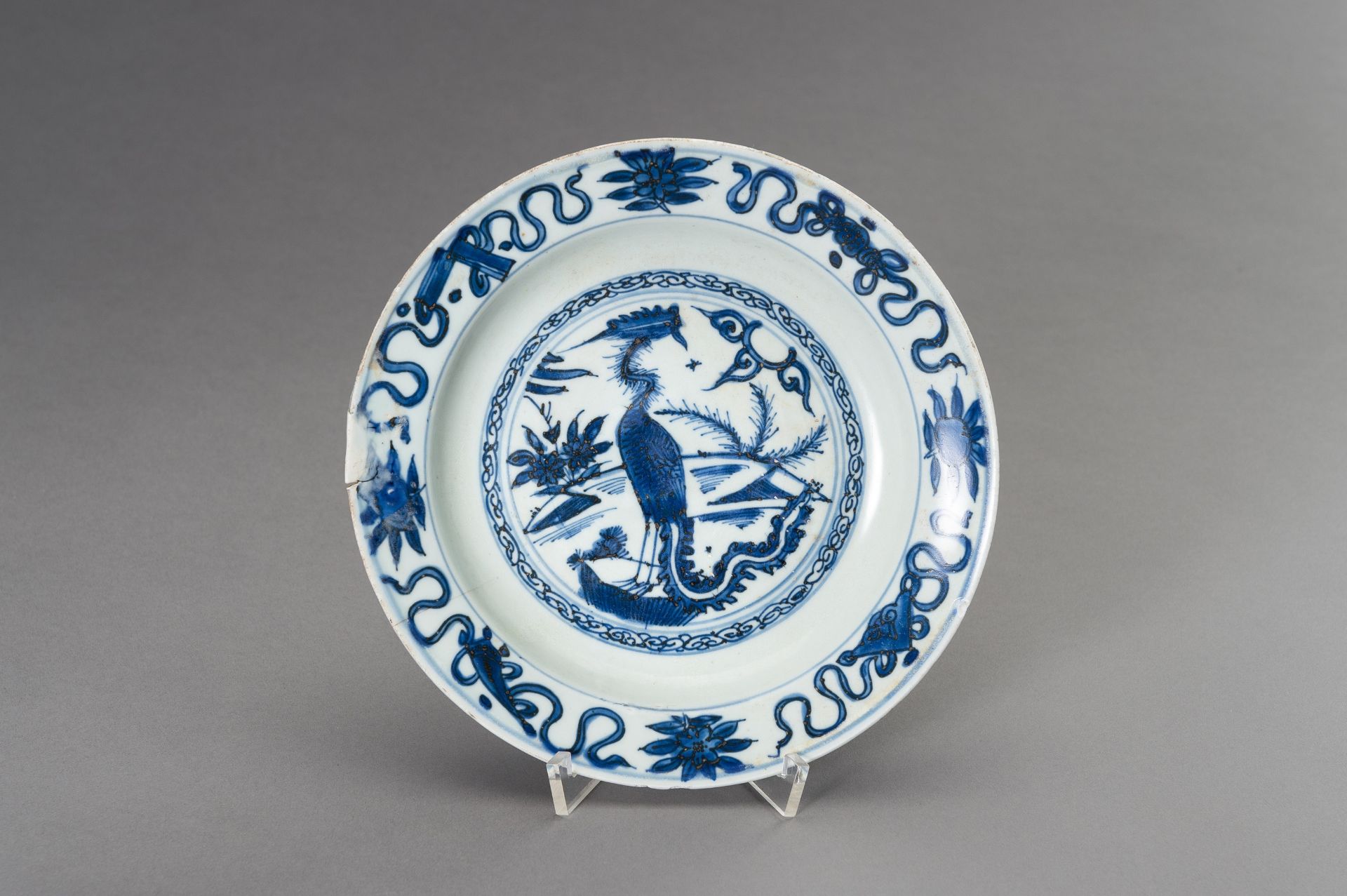 TWO BLUE AND WHITE 'PHOENIX' DISHES, LATE MING - Image 3 of 7