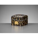 A RARE BLACK AND GOLD-LACQUERED KOBAKO AND COVER WITH SHIMAZU MONS