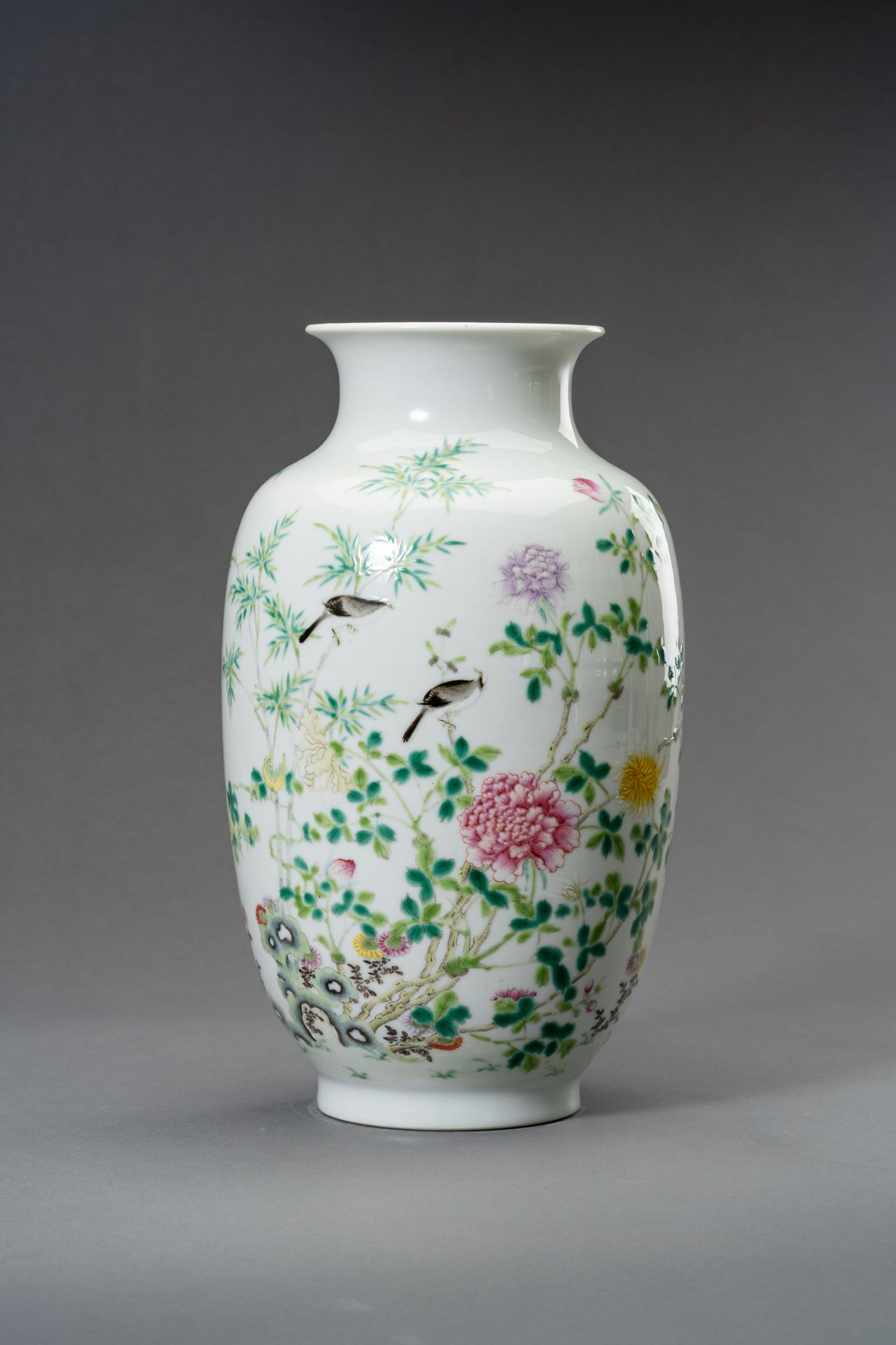 A FAMILLE ROSE 'BIRDS AND FLOWERS' OVOID VASE, HONGXIAN MARK, REPUBLIC