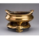 A LARGE GILT-BRONZE TRIPOD CENSER WITH MATCHING STAND, QING