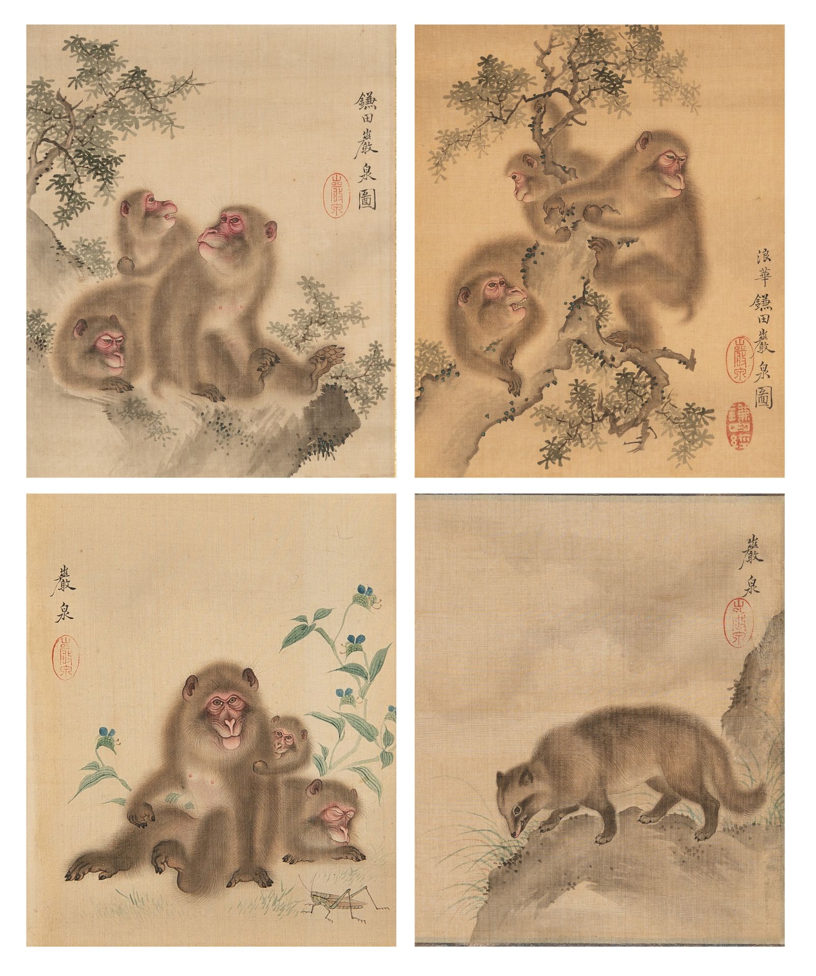 KAMATA GANSEN: A RARE SET OF FOUR FINE JAPANESE SILK PAINTINGS FROM AN ALBUM