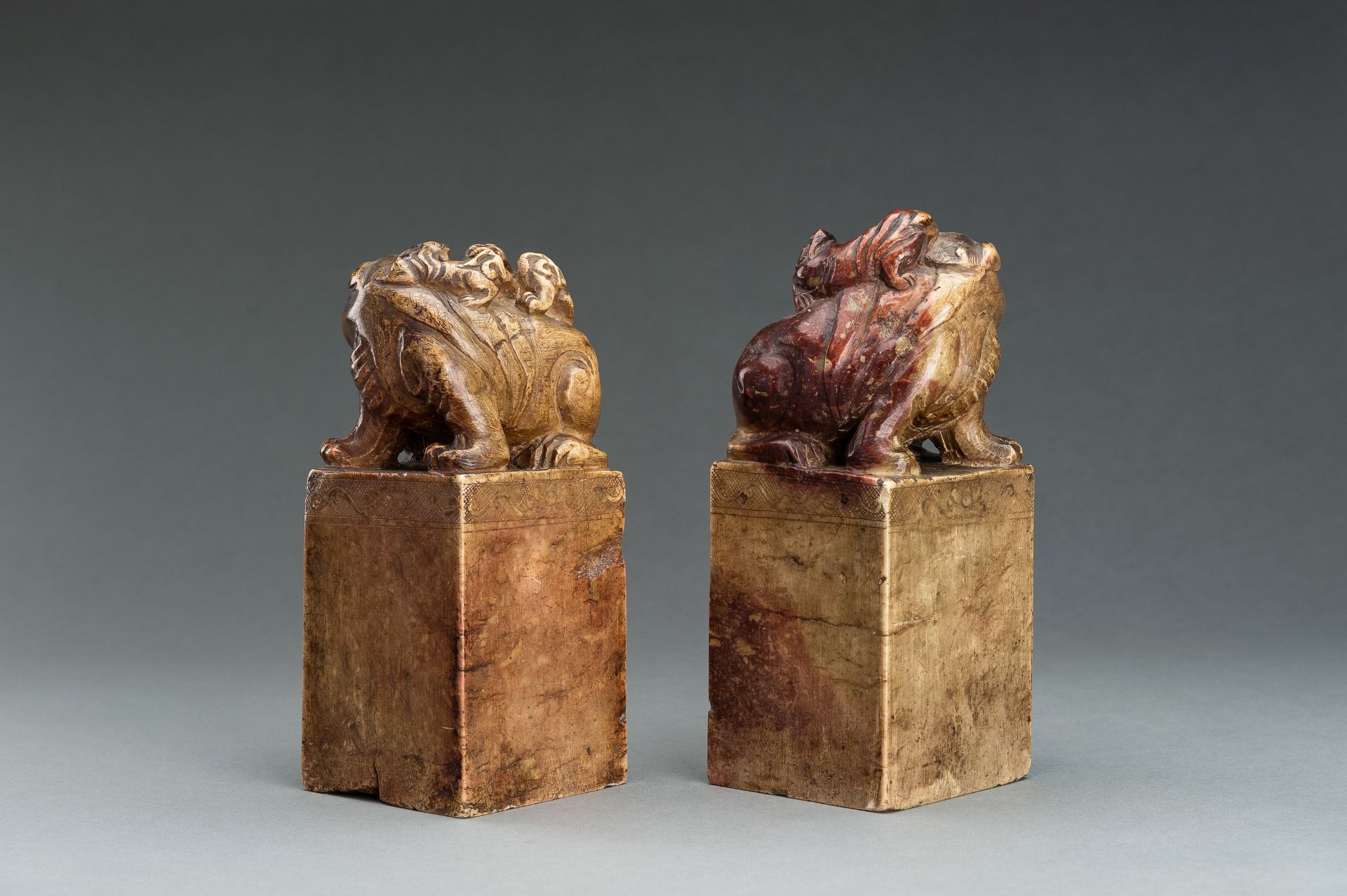 A LARGE PAIR OF 'BUDDHIST LIONS' SOAPSTONE SEALS - Image 15 of 22