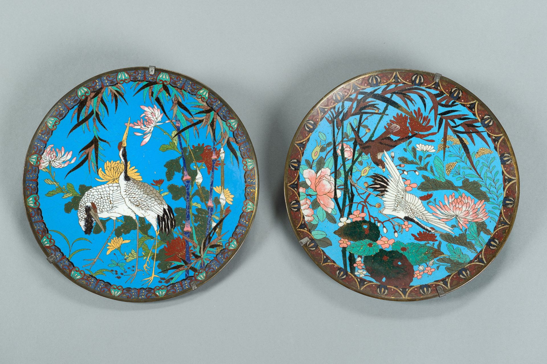 TWO CLOISONNE DISHES DEPICTING BIRDS, MEIJI