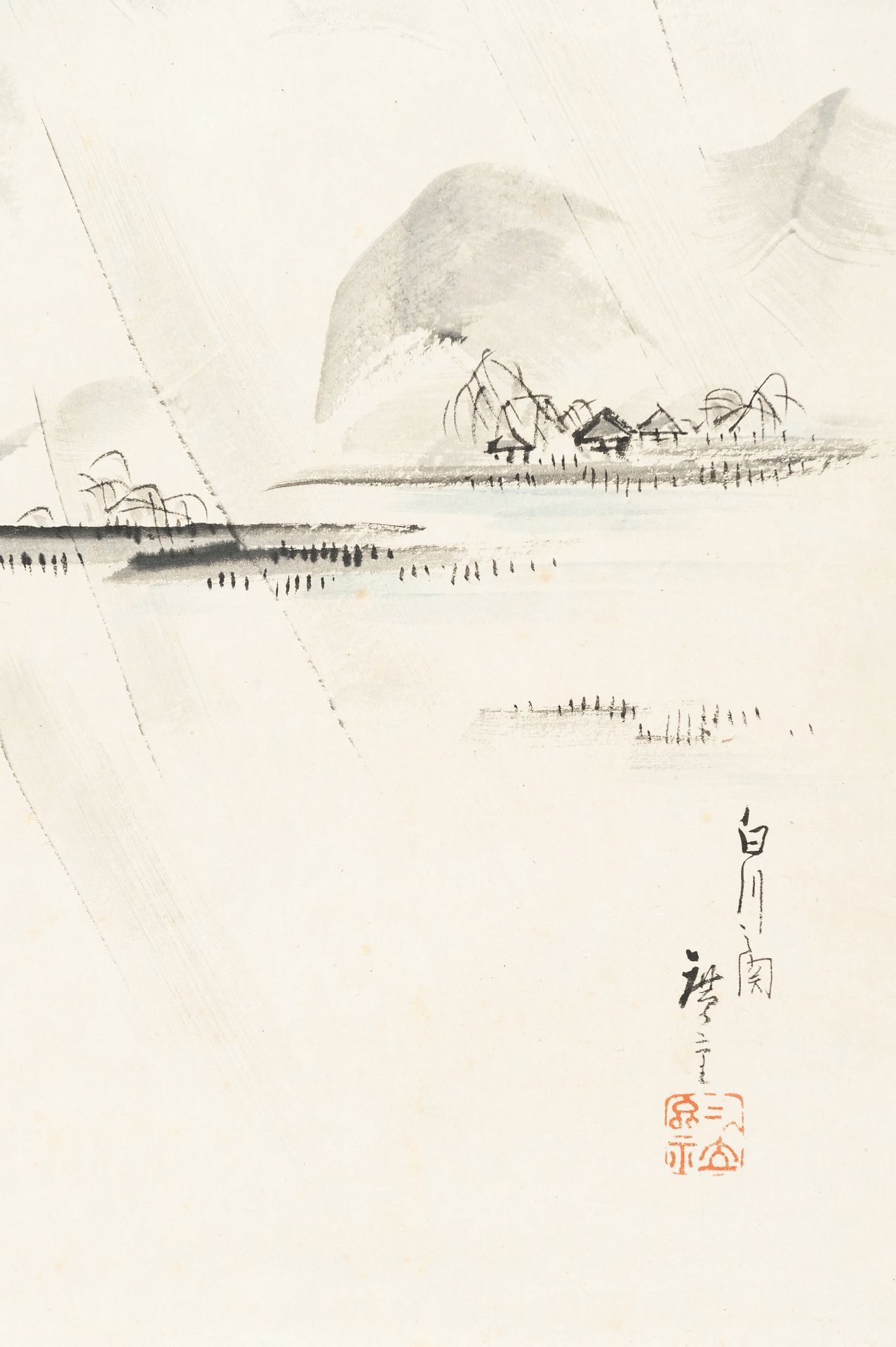 A SCROLL PAINTING OF A RIVER LANDSCAPE - Image 5 of 9