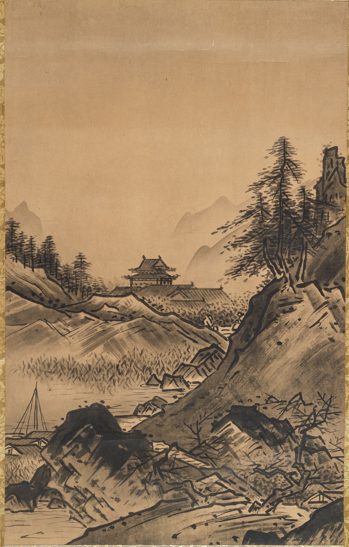 A SCROLL PAINTING OF A MOUNTAINOUS LANDSCAPE