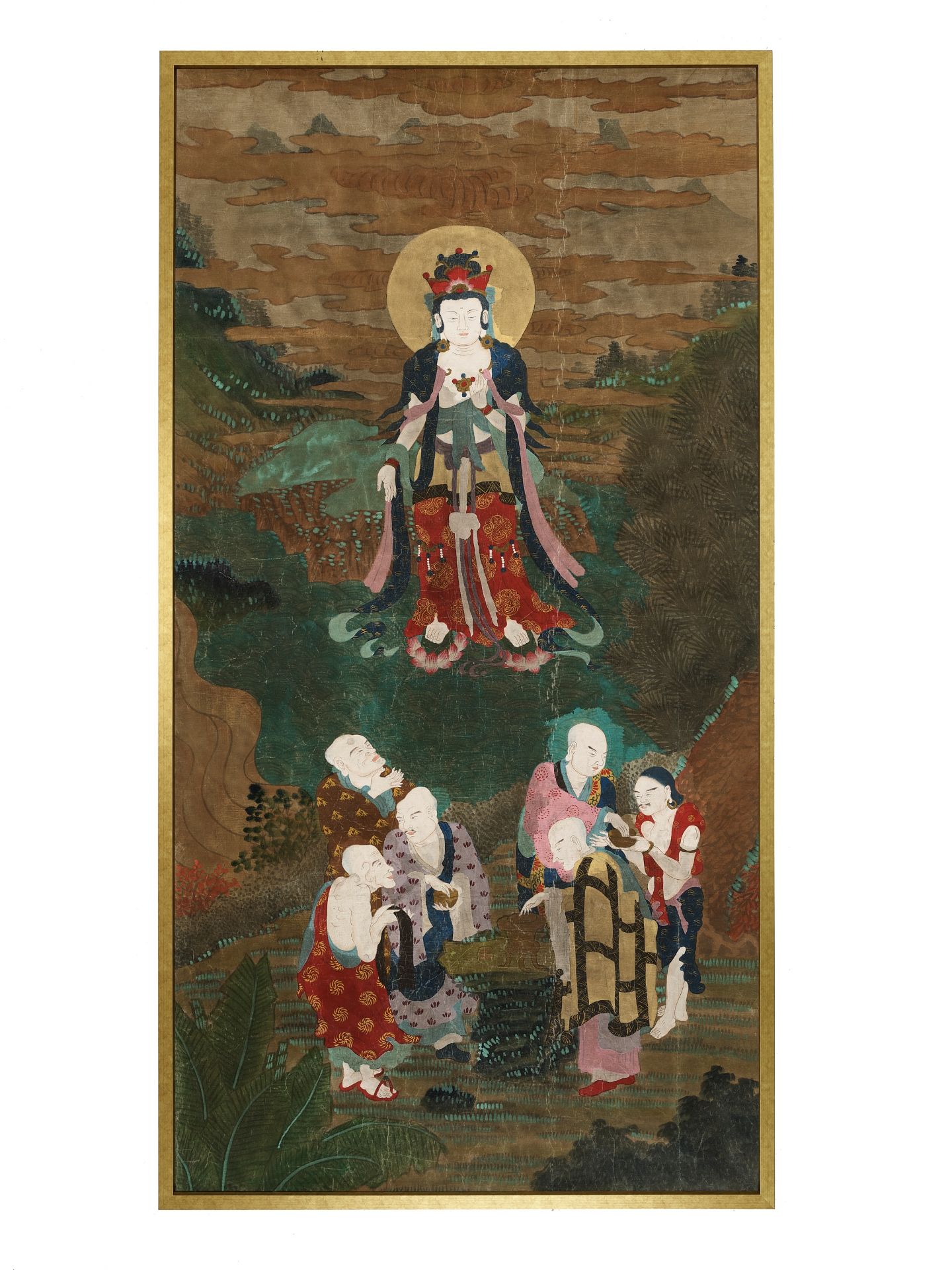 AN EXTREMELY LARGE 'GUANYIN AND LUOHAN' BUDDHIST TEMPLE PAINTING, MING DYNASTY OR EARLIER - Image 8 of 9