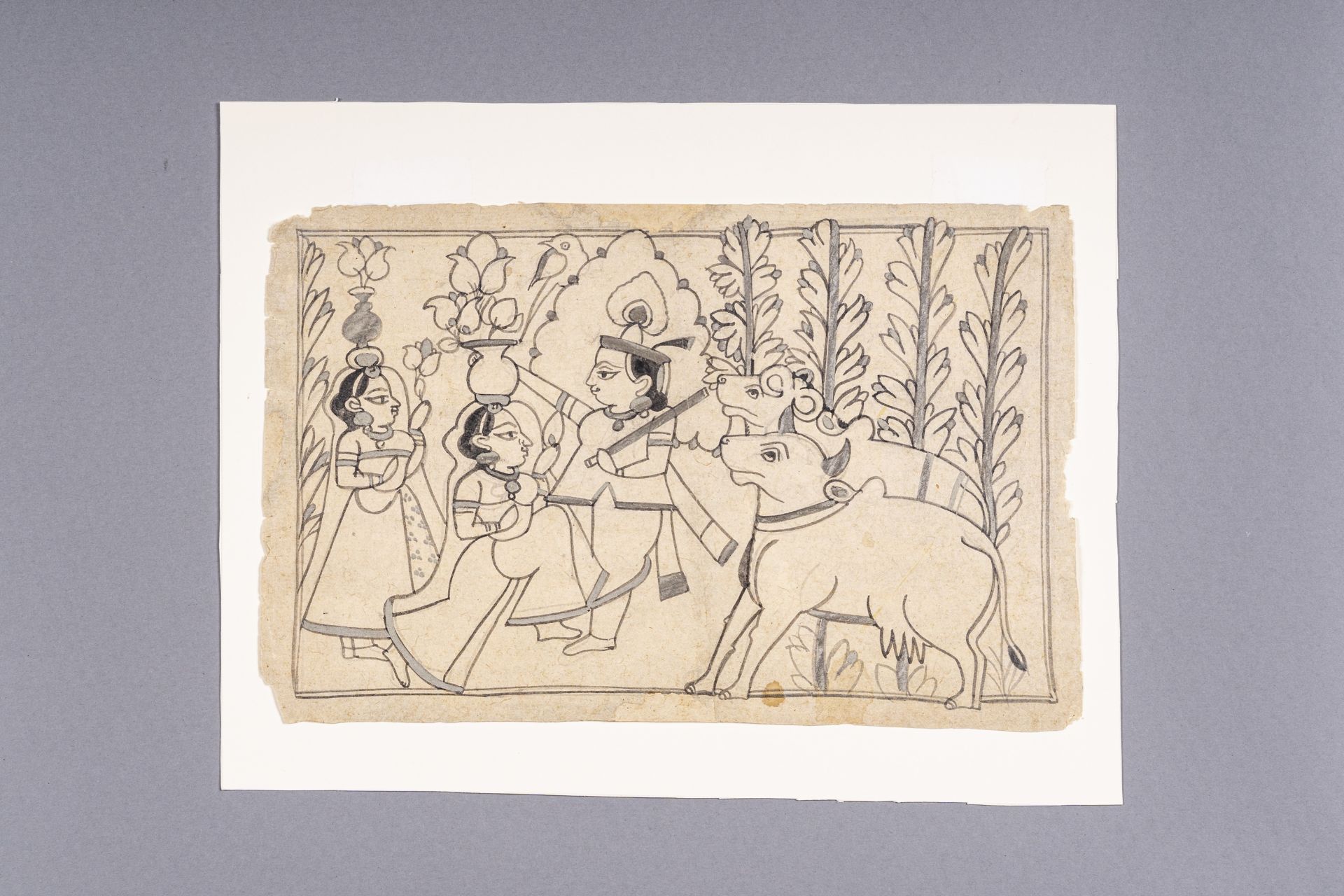 AN INDIAN MINIATURE PAINTING OF KRISHNA WITH GOPIS, c. 1870s - Image 3 of 4