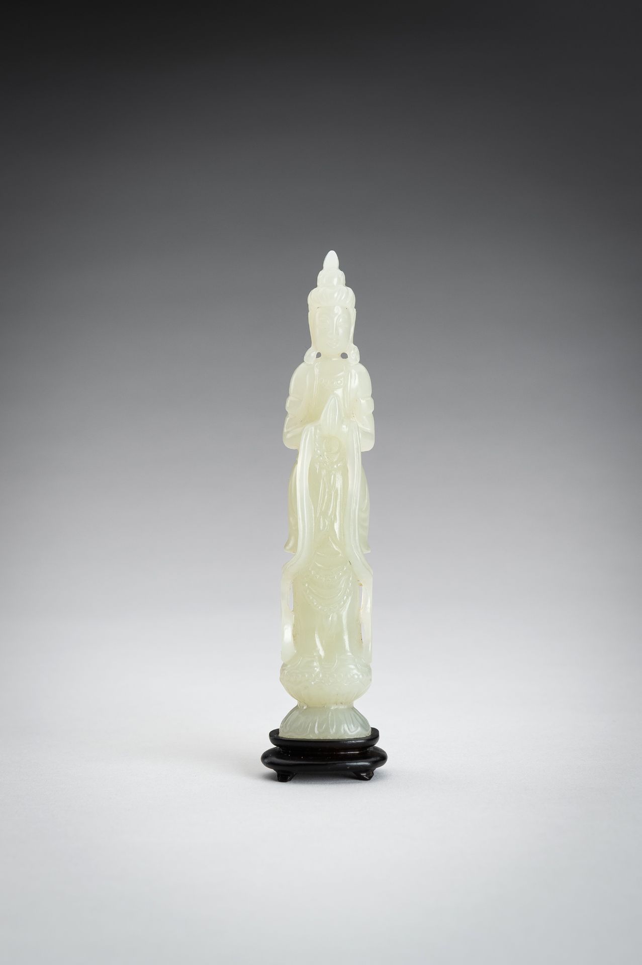 A PALE CELADON JADE CARVING OF A GUANYIN, 1900s - Image 2 of 11