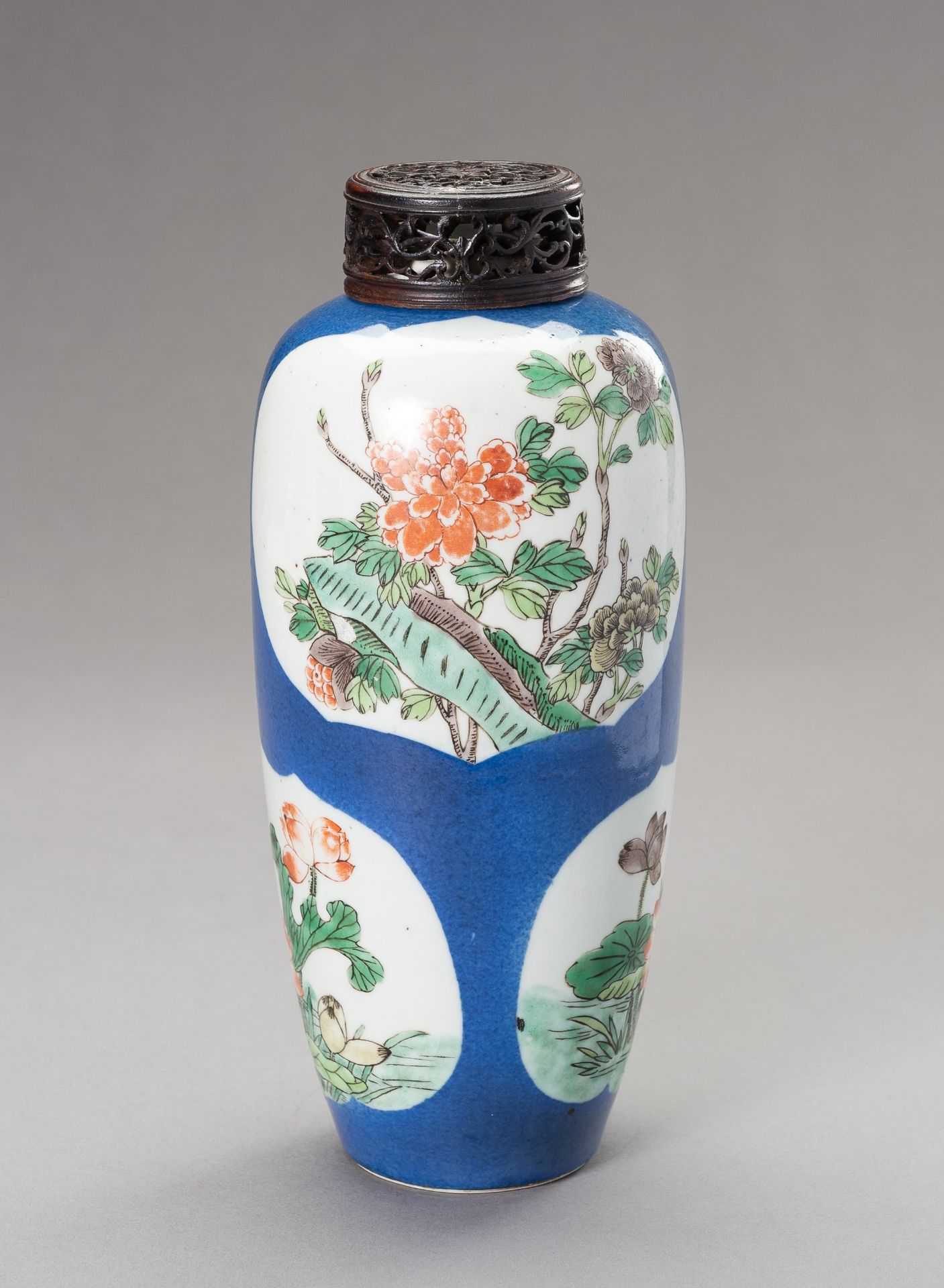 A POWDER BLUE GROUND FAMILLE VERTE OVOID VASE, LATE QING DYNASTY