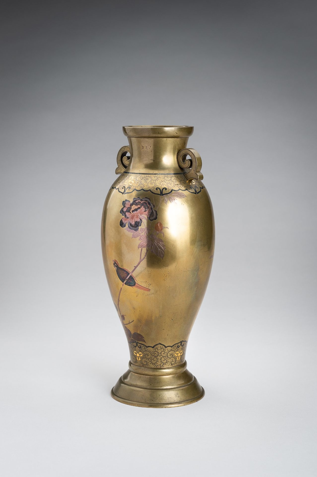 A FINE INLAID SENTOKU VASE WITH PEONIES AND BIRD, MEIJI - Image 6 of 14