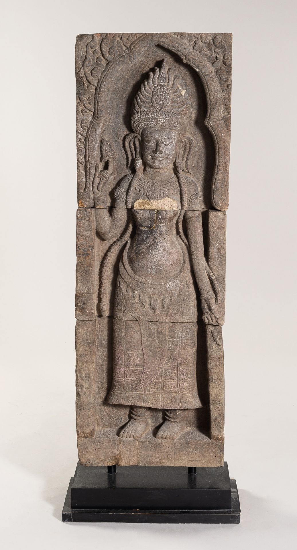 A VERY LARGE KHMER-STYLE SANDSTONE FIGURE OF AN APSARA, c. 1920s