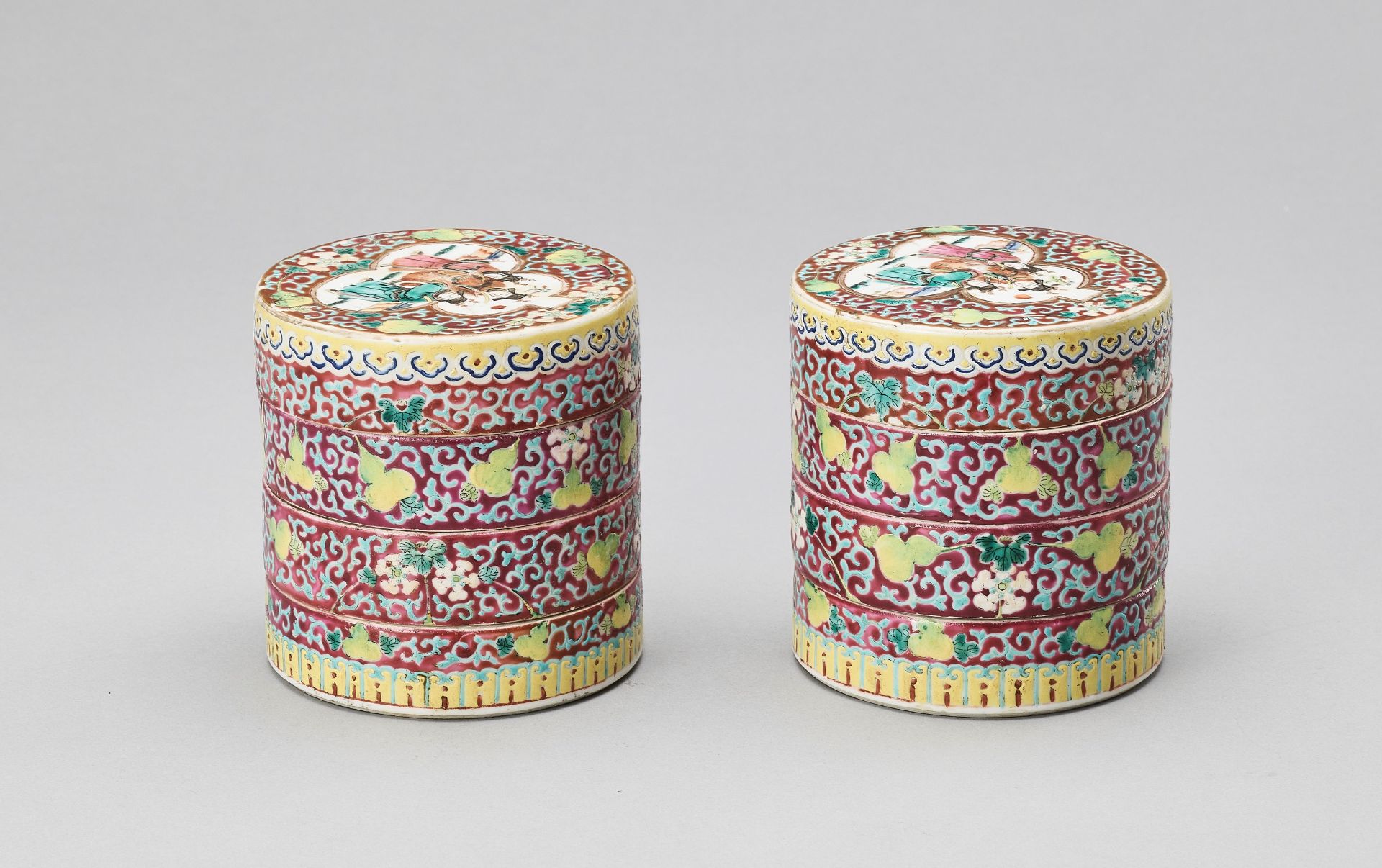 A PAIR OF THREE-TIERED ENAMELED PORCELAIN COSMETIC BOXES, REPUBLIC