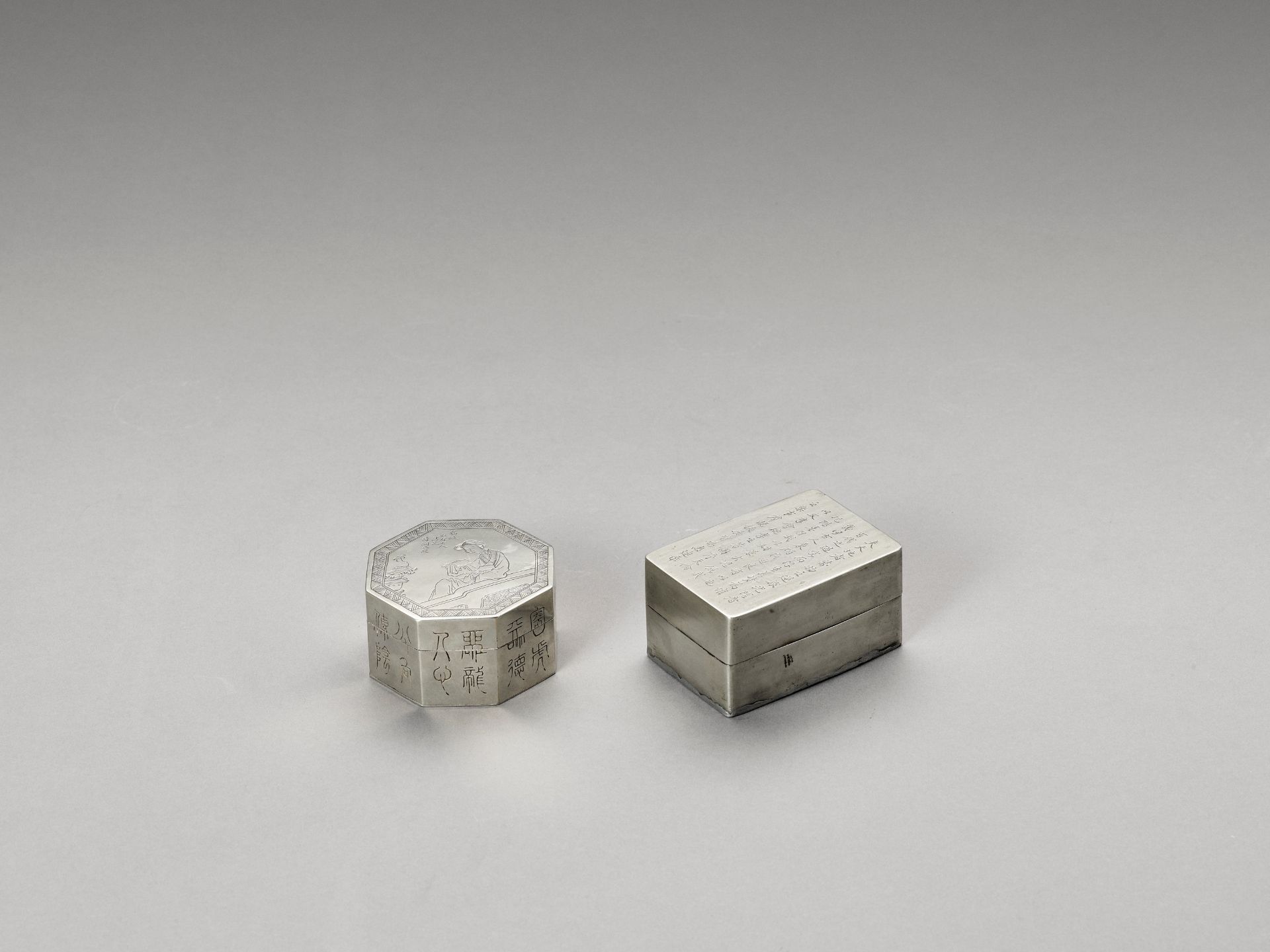 TWO SILVERED METAL INK STONE BOXES, LATE QING TO REPUBLIC - Bild 4 aus 5