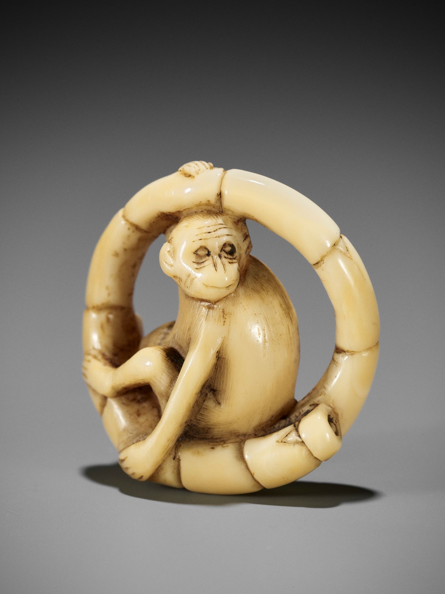 A MARINE IVORY NETSUKE OF A MONKEY SITTING IN A COILED BAMBOO NODE - Bild 8 aus 9