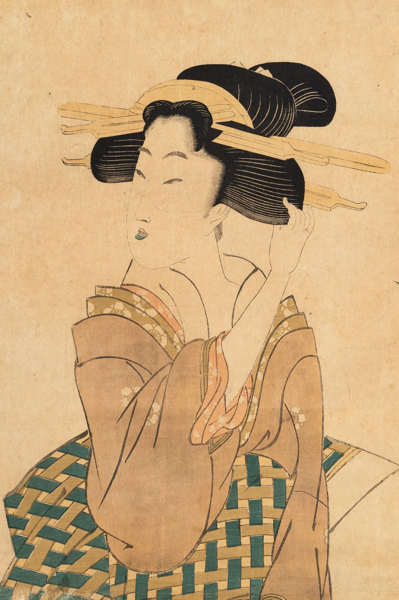 KIKUGAWA EIZAN (1787-1867): A TWO-PART COLOR WOODBLOCK PRINT KAKEMONO OF A BEAUTY - Image 3 of 11