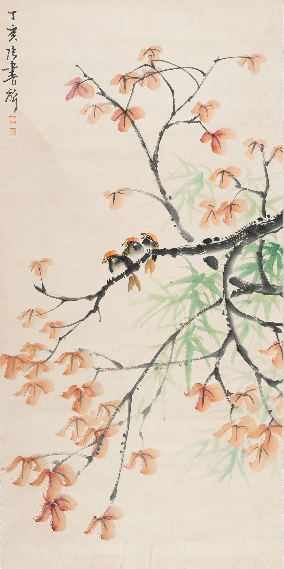 A SCROLL PAINTING OF THREE BIRDS, MANNER OF ZHANG SHUQI (1901-1957)