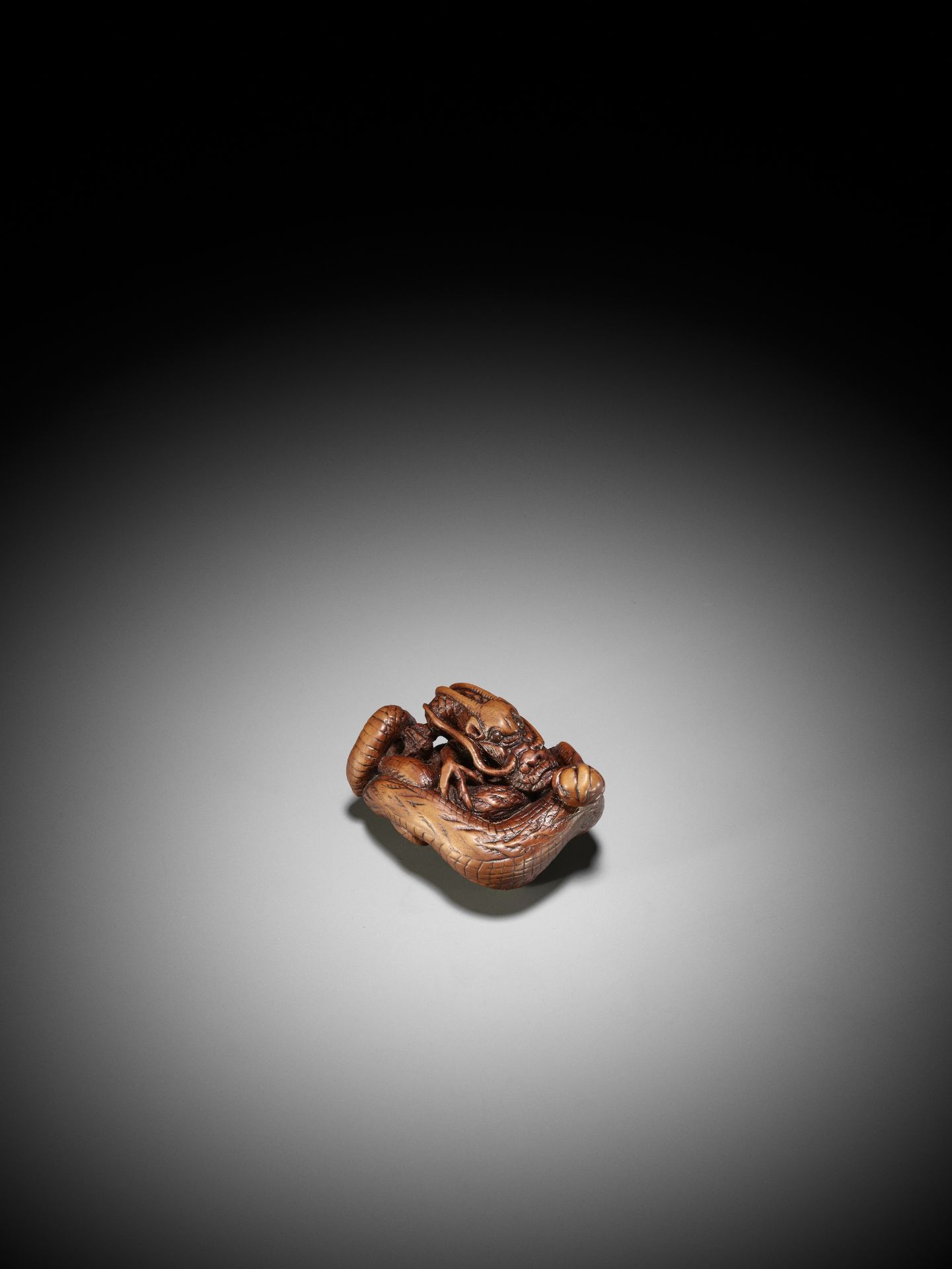 A SUPERB WOOD NETSUKE OF A COILED DRAGON - Image 4 of 14