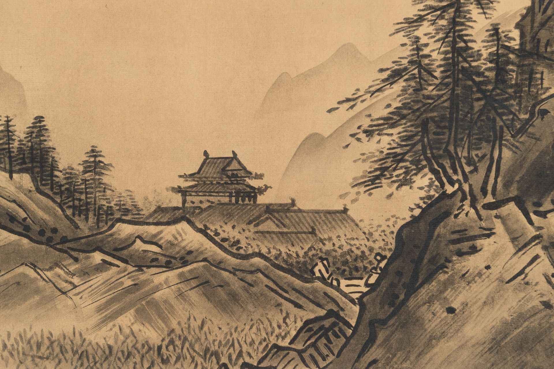 A SCROLL PAINTING OF A MOUNTAINOUS LANDSCAPE - Image 4 of 10