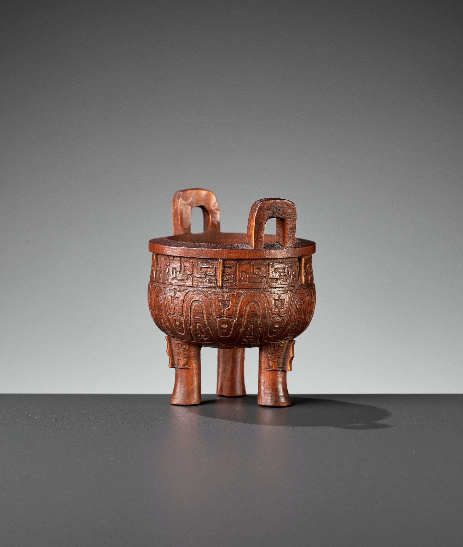 A BAMBOO 'ARCHAISTIC' MINIATURE TRIPOD CENSER, QING DYNASTY